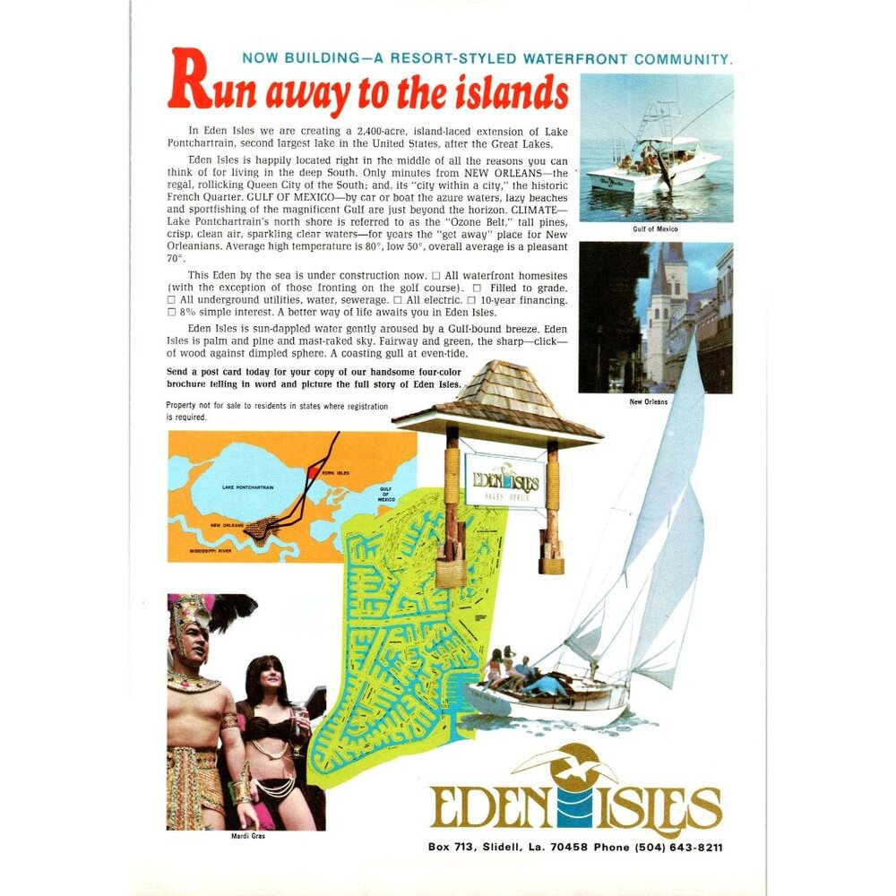 1971 Eden Isles Resort Community Slidell Louisiana Vintage Print Ad 70s Wall Art